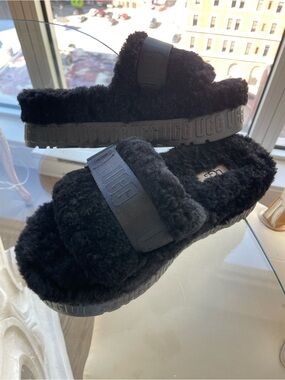 UGG Black Shearling Slide Sandals with Branded Strap